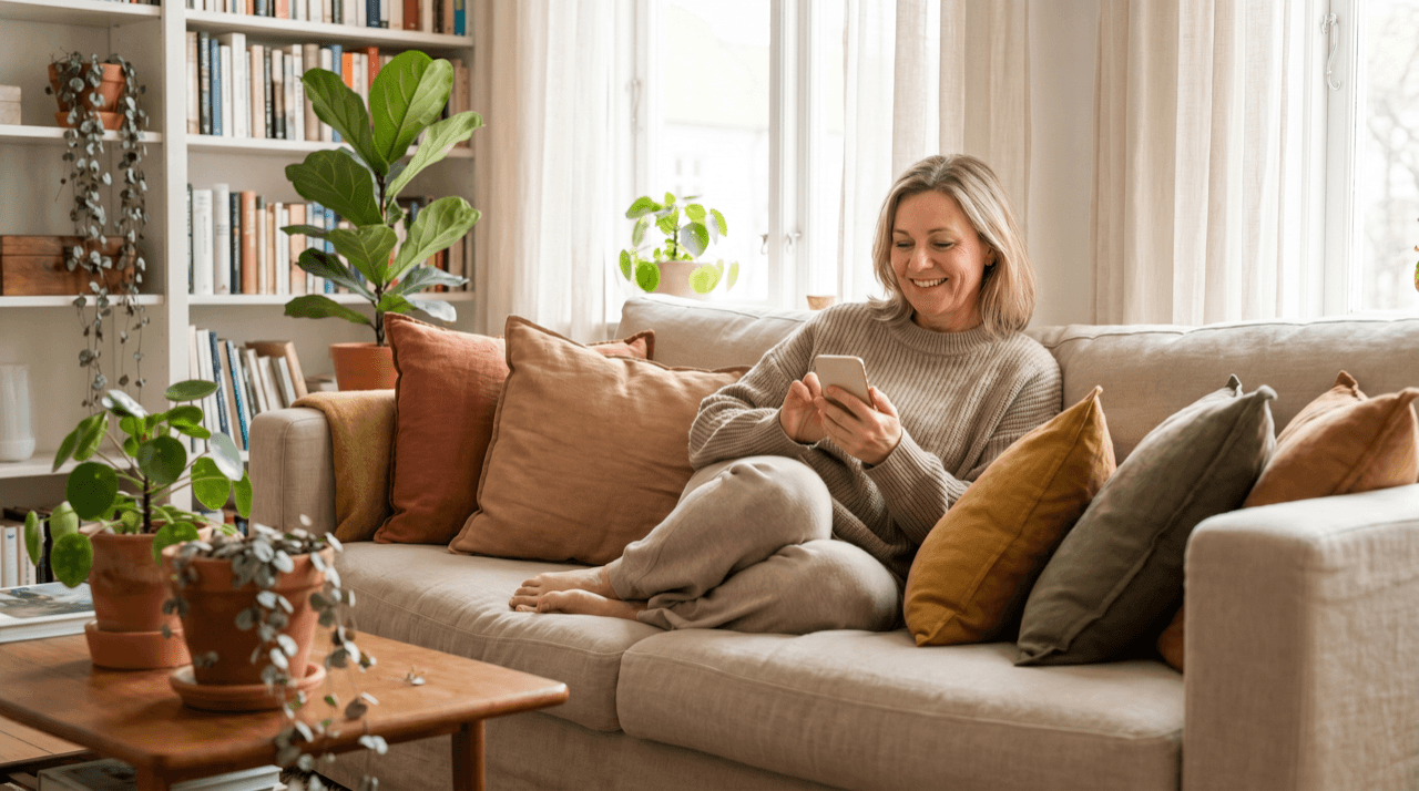 Zufriedene Bewohnerin nutzt entspannt das Smartphone im Wohnzimmer