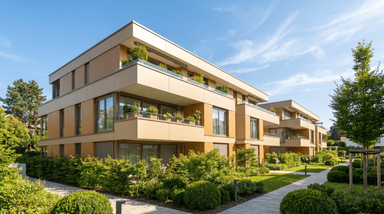 Modernes Mehrfamilienhaus mit begrünten Balkonen und gepflegter Außenanlage