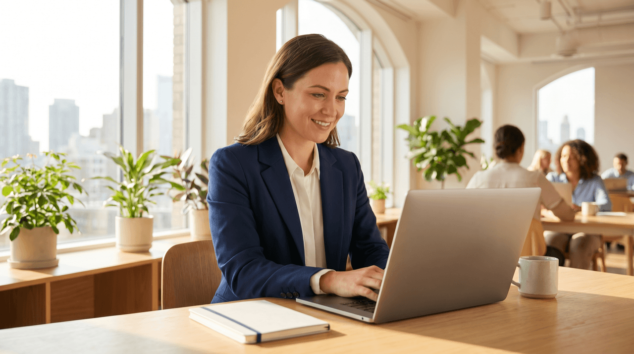 Hausverwalterin arbeitet am Laptop in einem hellen, modernen Büro